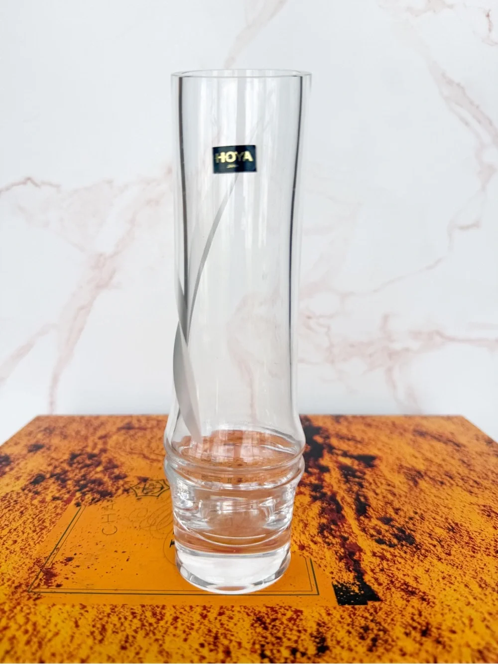 Vintage Hoya Crystal Bamboo Bud Vase Frosted Etched Japanese Asian Crystal